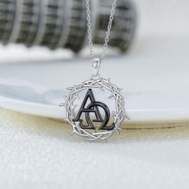 ZPMMPZ Alpha Omega Necklace 925 Sterling Silver Thorn Pendant Christian Symbols Jewelry Gifts for Women Men