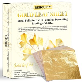 REHOUPTY 100pcs Imitation Gold Leaf Sheets, 5.5 x 5.5 Inches Gold Foil Sheets for Arts Painting Gilding Crafting Decoration, Metal Foils for Art & DIY Projects, Picture Frames and Interior Decoration