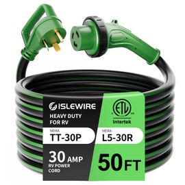 ISLEWIRE 30 Amp 50 Feet RV Power Cord, Heavy Duty 10 Gauge STW Cord with LED Power Indicator Twist Connector, NEMA TT-30P to L5-30R with Cord Organizer for RV Trailer Campers, Black&Green, ETL Listed
