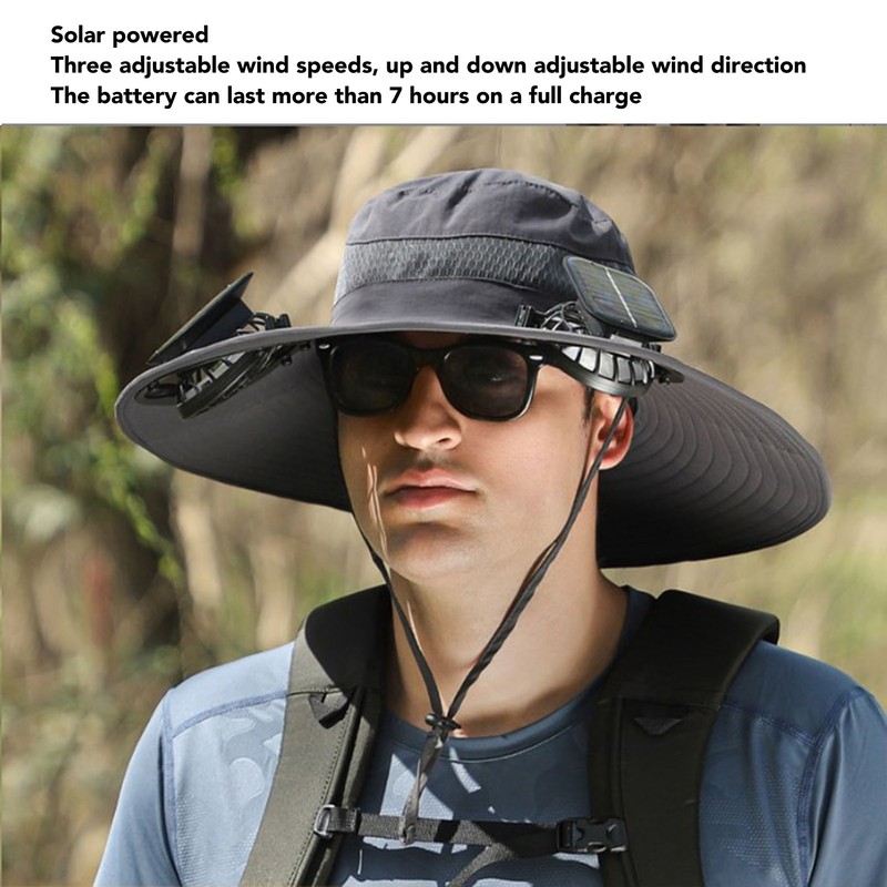 Solar Fan Hat Large Brim Quick Dry Breathable 3 Speeds