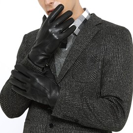 ZLUXURQ Soft Lambskin Leather Cold Weather Touchscreen Driving Gloves Cashmere Lined for Men in Black