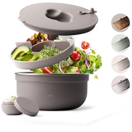 MAMEIDO Salad Box to Go 1.5 L, Bowl Lunch Box Adult Made of Stainless Steel, Bento Box, BPA-Free with Compartments and Leak-Proof Dressing Container, Food Box Meal Prep (Taupe Grey, 1500 ml)