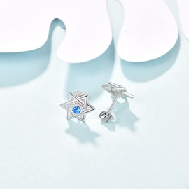 KINGWHYTE Jewish Star Earrings 925 Sterling Silver Pentagram Stud Earrings Flower Earrings with Blue Zircon Jewellery Christmas Gifts for Women Girls Friends, Sterling Silver