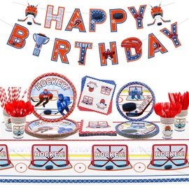 Hockey Party Supplies - Ice Hockey Birthday Party Set Including Plates, Cups, Napkins, Tableware, Tablecloth, Banner for Kid's Hockey Fans Birthday Gameday - Serves 20