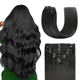 Sunya Clip-In Real Hair Extensions, Jet Black, Remy Clip-In Human Hair Extensions for Women, Invisible Straight Hair Extensions, Natural Hair Weft, 55 cm, 120 g, 8 Pieces