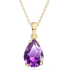 14K Gold Amethyst Necklace for Women - February Birthstone Pendant - Solid Gold Teardrop Pendant WITH Sterling Silver Chain - Elegant Wedding Jewelry - Amethyst Gift for Her