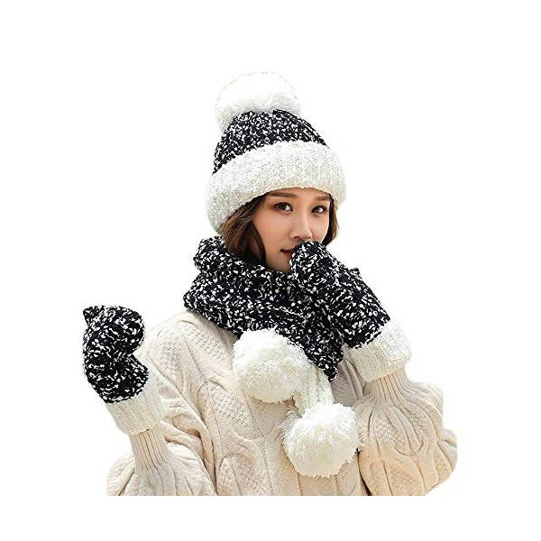 SINLOOG Beanie Hat Scarf and Gloves Set, Womens Winter Warm Knitted Hat Thick Skull Cap 3 in 1 for Cold Weather (Black, One Size)