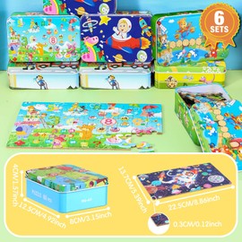 Libima 6 Sets 360 pcs Jigsaw Puzzles in a Metal Box for Kids Age for 4-8 Learning Jigsaw Puzzles for Toddlers Educational for Boy and Girl (Spaceship, Park, Farm, Dinosaur, Bear, Firefighter)