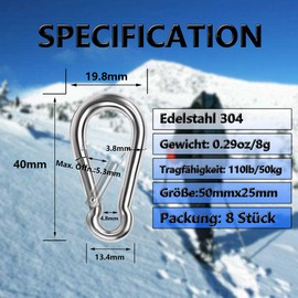 Ekunbuy Carabiner Hooks Made of 304 Stainless Steel, Spring-Loaded Carabiner, Spring Clips, Fire Brigade Carabiner, Buckle, Rope Connector for Camping, Hiking, Lifting Straps (40 mm (M4) Pack of 8