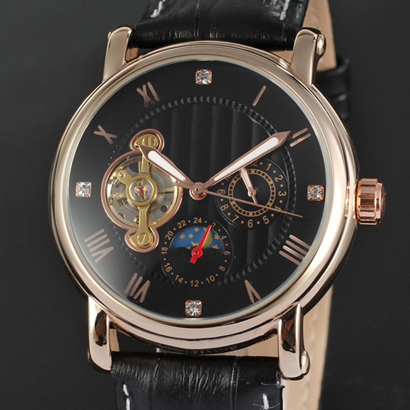 FORSINING Male Automatic Watch PU Leather Strap Analog Wristwatch(White Rose