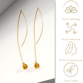 Threader Amber Earrings for Women, Long Drop Dangling Amber Earrings, 14k Gold Filled Chain, Dainty Amber Jewelry for Ladies