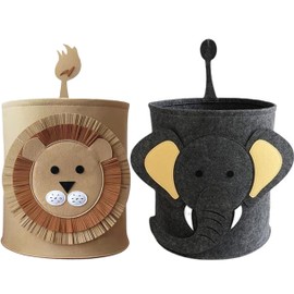 WEI LONG Cute Foldable Felt Laundry,Nursery Hamper Laundry Basket,Storage Baskets for Kids Boys and Girls,Office,Bedroom,Clothes,Toys(Lion&Elephant)
