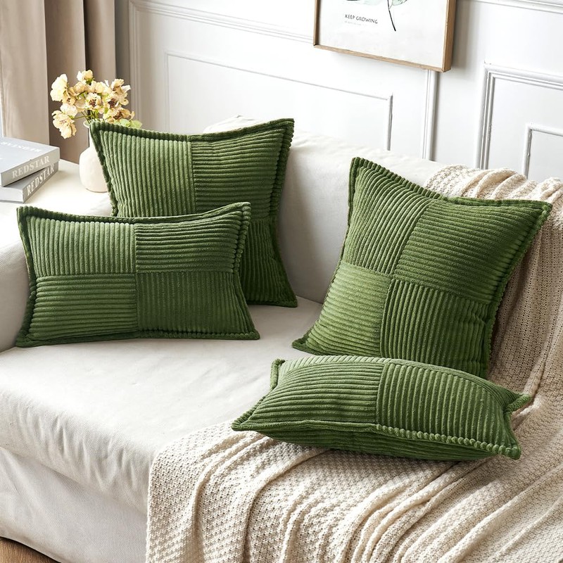 MIULEE Moss Green Corduroy Pillow Covers 18x18 Inch with Splicing