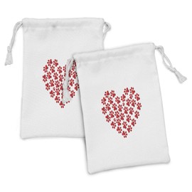 Lunarable Cat Fabric Pouch Set of 2, Heart Shape Dog Paw Print Funny Fashion Modern Animal Romantic Design Print, Small Drawstring Bag for Toiletries Masks and Favors, 9" x 6", Scarlet White