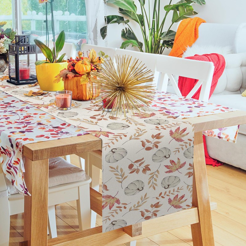 DTCSWACN Orange Pumpkins Fall Maple Leaves Thanksgiving Table Runner, Seasonal