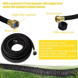 Soaker Hose, 1/2 Inch x 25 FT Round Rubber Garden Soaker Hose Water Seeper Soaker Hoses Drip Hose for Lawns Flower Beds Vegetable and Gardens