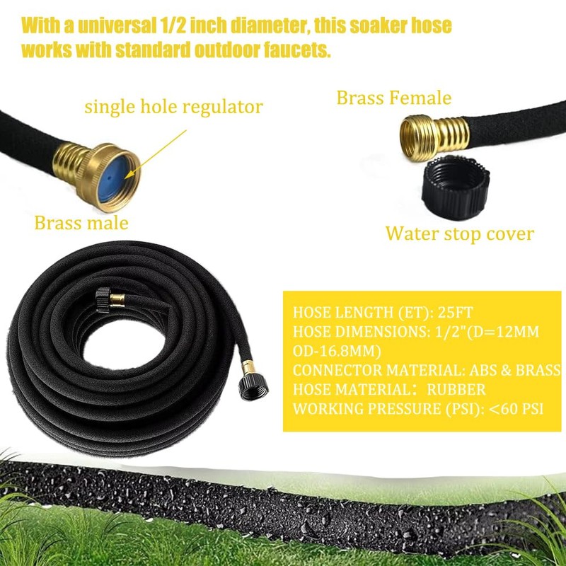 Soaker Hose, 1/2 Inch x 25 FT Round Rubber Garden