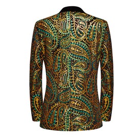PYJTRL Men's Shiny Sequins Suit Jacket Classic Floral Suit Jacket Fashion, Suitable for Parties, Weddings, Banquets, Proms,Green Gold,S