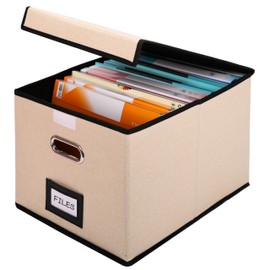 BELLE VOUS File Organiser Storage Box with Lid and Label Slide - Collapsible Fabric Filing Storage Bin - Decorative Document Box For Letters/Legal Folder - Office/Home Organiser