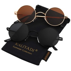 KALIYADI Round Polarized Sunglasses for Men Women Small Retro Metal Hippie Style UV Protection (2 Pack) 45mm