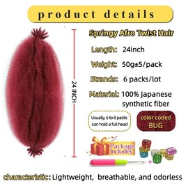 Generic Extensiones de cabello Afro Twist, preseparadas, elásticas y elásticas para trenzas suaves, Afro Spring Twist, Marley Twist (BUG, paquete de 6, 24 pulgadas)