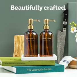Vine Creations Amber Glass Soap Dispenser Set, Kitchen Soap Dispenser Set with Ceramic Tray, 16 oz Dish Soap and Hand Soap Dispensers with Stainless Steel Pump Decor (Amber Bottle/Brushed Brass)