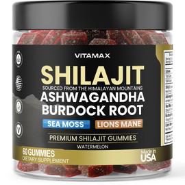 Organic Shilajit Gummies, Sea Moss, Ashwagandha, 105+ Trace Minerals – Organic Burdock Root & Lions Mane Mushroom – Watermelon Flavor - Vegan & Non-GMO – Made in USA – 60ct