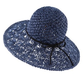 Zsedrut Women Straw Hat Wide Brim Sun Hats Summer Fodable Beach Hat (Navy)