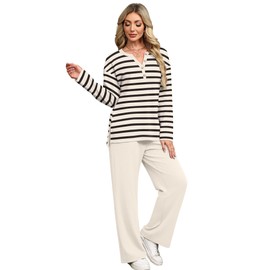 XIEERDUO Womens Sets 2 Piece Outfits Casual Fall Fashion 2025 Matching Lounge Set Track Suits Wide Leg Pants Stripes Apricot M