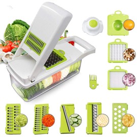 Food Chopper Vegetable-Fruit-Cheese-Onion Chopper Slicer Dicer Tomato Grater 12 in 1 Veggie Chopper Spiralizer Salad Potato Slicer with Container Multi-function Kitchen Aid Carrot Cutter (White)