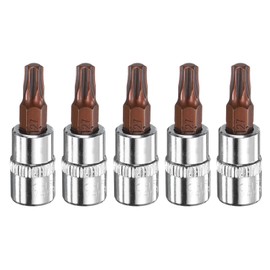 HARFINGTON 5pcs T27 Torx Bit Socket 1/4" Square Drive Star 6 Point S2 & CR-V Steel Socket Ratchet Wrench Bits, Silver Red