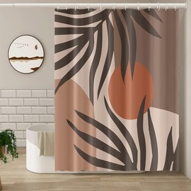 Umpoo Abstract Mid Century Shower Curtain Boho Brown Leaves Chocolate Sun Shower Curtain for Modern Minimalist Aesthetic Bathroom Decor Waterproof Polyester with Hooks, 72x72 Inch