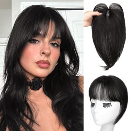 MONIXI Hair Toppers for Women Bangs Hair Clip 360° 3D Cover Clip in Fake Bangs with Toppers Hair Pieces for Thinning Hair Synthetic Fluffy Hair Topper Daily Use (Brown Black)