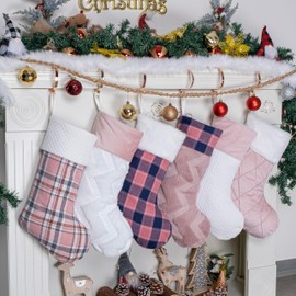 LUBOT 6 Pack Christmas Stockings Large Family Xmas Stocking Pink Match Flannel Plaid Plush Fur Hanging for Holiday Decorations