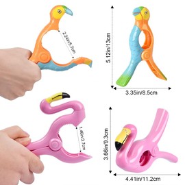 Beach Towel Clips, Sopito Jumbo Size Towel Clips for Beach Chairs Cruise Patio and Pool Accessories, Set of 4 (Pink Orange Flamingo Parrot)