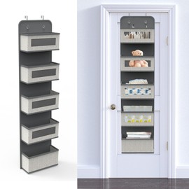 Domsanistor Over The Door Hanging Organizer with 5 Big Pockets, Wall Mount Fabric Back of Door Storage Organizer with Clear Window & Metal Hooks for Pantry Closet Diaper Dorm Nursery Bedroom