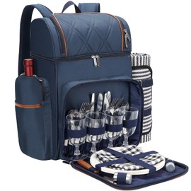Picnic Backpack for 4,Picnic Basket Set,Leakproof Picnic Bag,Beach Cooler Backpack with Insulated Cooler Wine Pouch,Picnic Blanket, Double Deck Picnic Backpack for Beach,Camping,Park(Navy Blue)