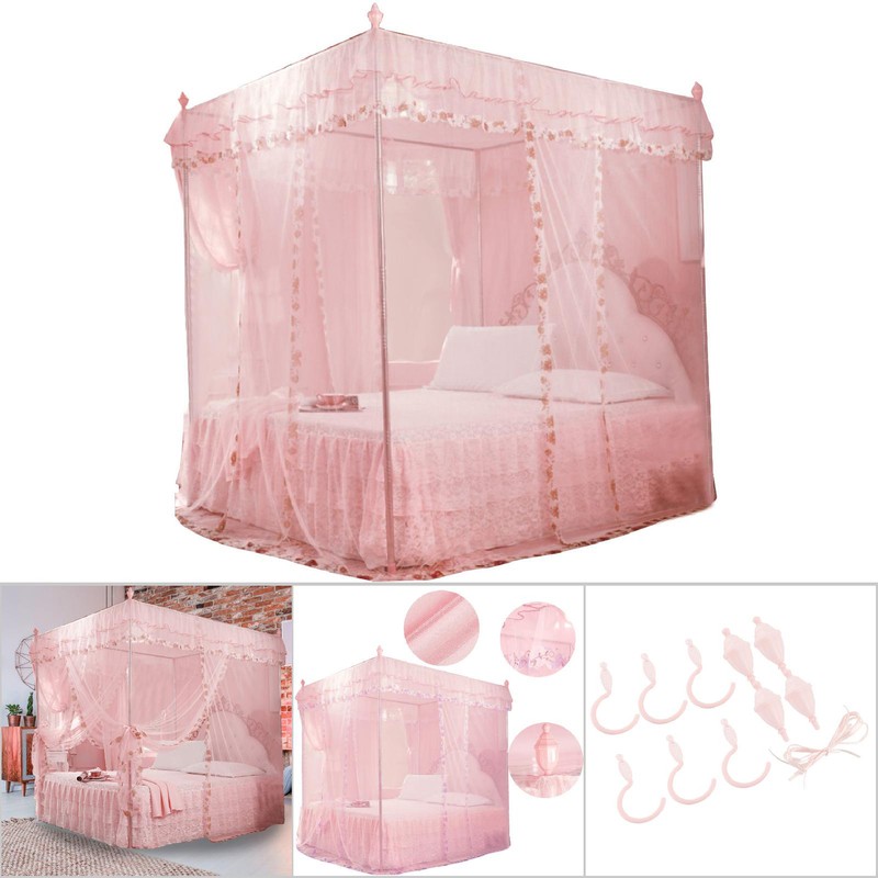 Luxury Princess 3 Side Openings Post Bed Curtain Canopy Netting