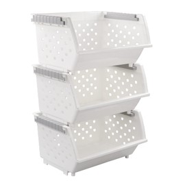 Afromy 3 Pcs Stackable Baskets for Pantry Organizers and Storage, Vegetable Fruit Basket for Countertop, Kitchen Storage Plastic Baskets, Produce Potato Onion Storage Bin, White