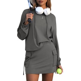EXLURA Women 2 Piece Sets Cotton Sweatsuits Fall Hooded Sweatshirt Cargo Skort Skirt Stretchy Tracksuit Casual Tennis Pockets
