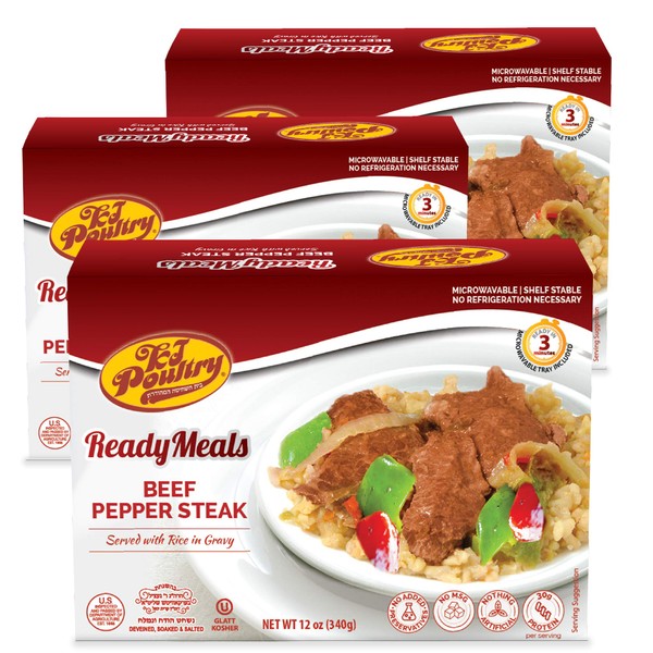 Kosher Beef Pepper Steak & Rice, MRE Meat Meals Ready to Eat (3 Pack) Prepared Entree Fully Cooked, Shelf Stable Microwave Dinner - Travel, Military, Camping, Emergency Survival Protein Food Supply