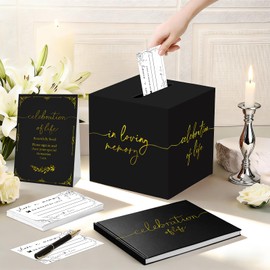 Celebration of Life Funeral Guest Book Set, Black Gold Memorial Guest Book with Sign-In Table Sign, 50 Memory Cards, Pen & Keepsake Box for Funeral, Memorial Service & Celebration of Life (9" x 7", 126 Page)