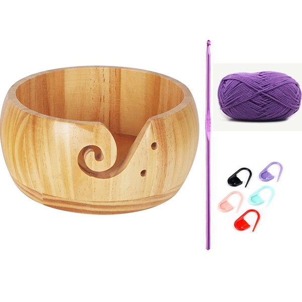 Afoosoo Wooden Knitting Bowl, Handmade Needle and Thread Yarn Ball Storage Bowl Craft Knitting, Wool Knitting Storage Bowl for Knitting and Crochet (Pine)