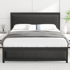 VECELO Full Size Bed Frame with Upholstered Headboard, Heavy-Duty Platform with Strong Metal Slats, No Box Spring Needed, Easy Assembly, Linen & Black