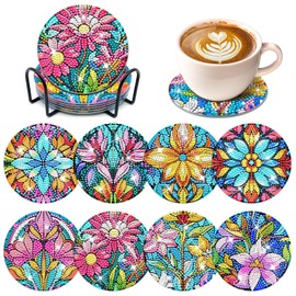 FILASLFT Diamond Painting Coasters Kit With Holder, DIY Diamond Art Kit, 8 Pcs Glass Flower Coasters for Adult Crafts and Gifts
