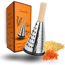 SIMPLEX DOMO Kitchen Grater - Cone Design - Beech Wood Handle, Stainless Steel, Ergonomic, 3 Cutting Surfaces, Parmesan Grater, Cheese Grater, Lemon Grater, Stylish and Versatile - Ideal for Hobby and