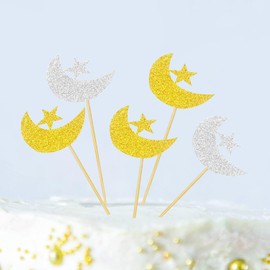 Bohue 21Pcs Eid Mubarak Cupcake Topper Glitter Moon and Star Ramadan Kareem Party Decorations Islamic Muslim Party Decorations Party Supplies