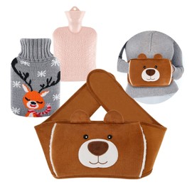 3 in 1 Hot Water Bottle for Tying Around Hot Water Bottle with Soft Plush Hand Waist Warmer Cover, Rubber Hot Water Bag for Neck and Shoulder, Back, Legs, Waist Warming