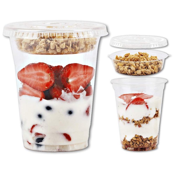 12 oz Clear Plastic Parfait Cups with Insert 3.25oz & Flat Lids No Hole - (50 Sets) Yogurt Fruit Parfait Cups for Kids, for Dips and Veggies, Take Away Breakfast and Snacks. No Leaking