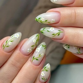 24Pcs Medium Press on Nails Almond Fake Nails French Tip with White Green Flower Design Acrylic Nails Thick Glossy Full Cover Glue on Nails Stick on Nails for Women DK-25063
